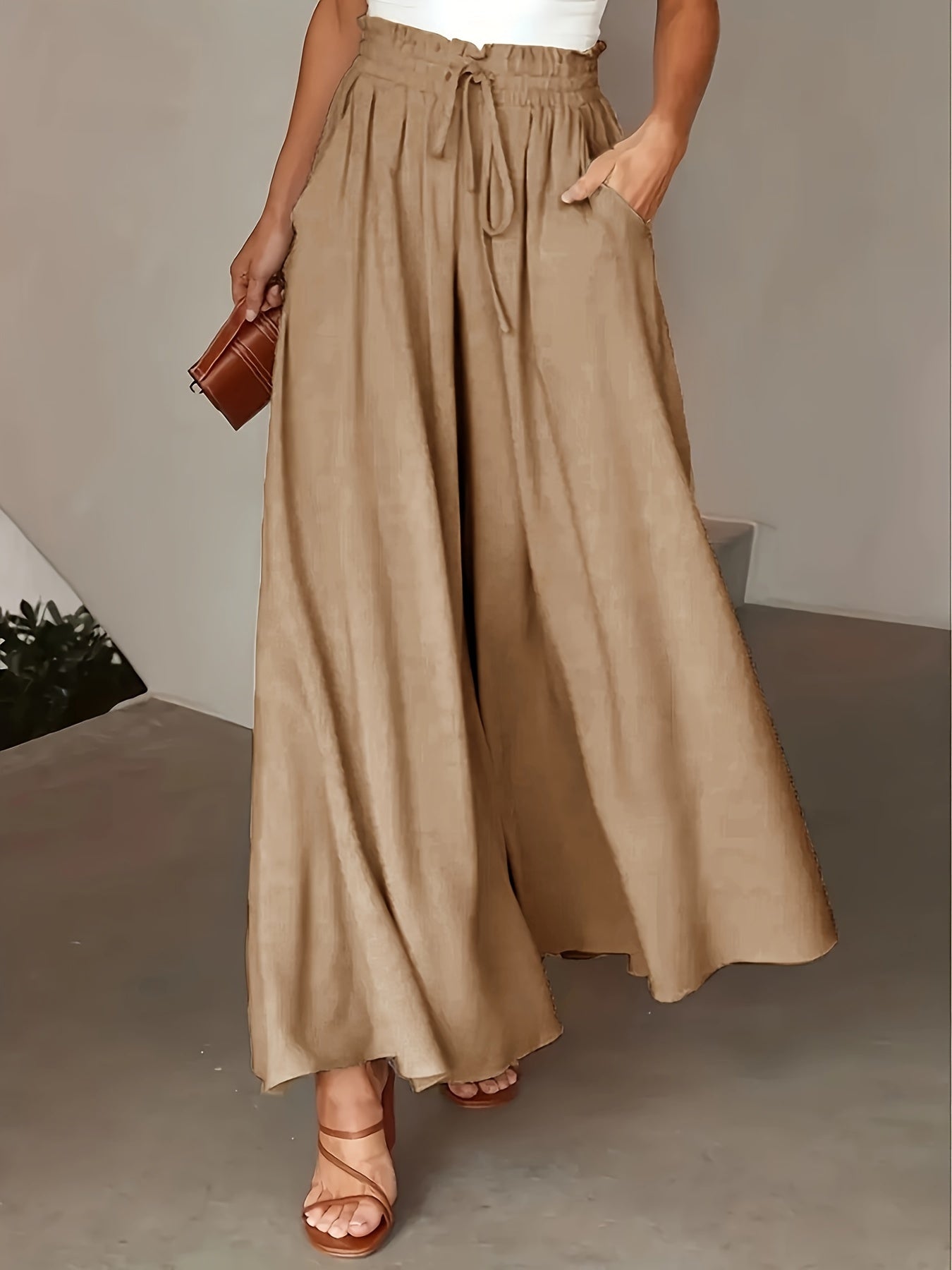 Elastic Waist Wide Leg Tied Pants