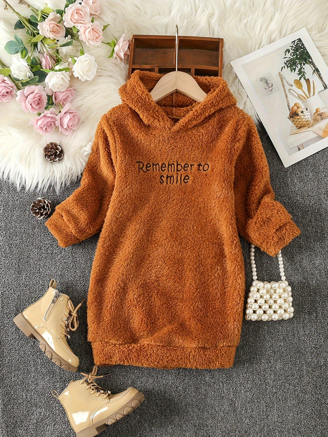 👗 Girls' Reversible Fleece Hooded Long Sleeve Dress with Letter Embroidery 👗