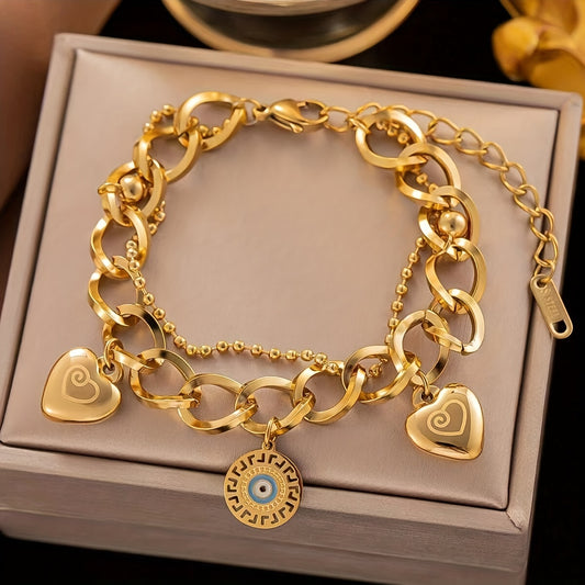 ✨ Vintage Charm Chunky Chain Bracelet – 18K Gold Plated with Blue Eyes Pendant 🌟