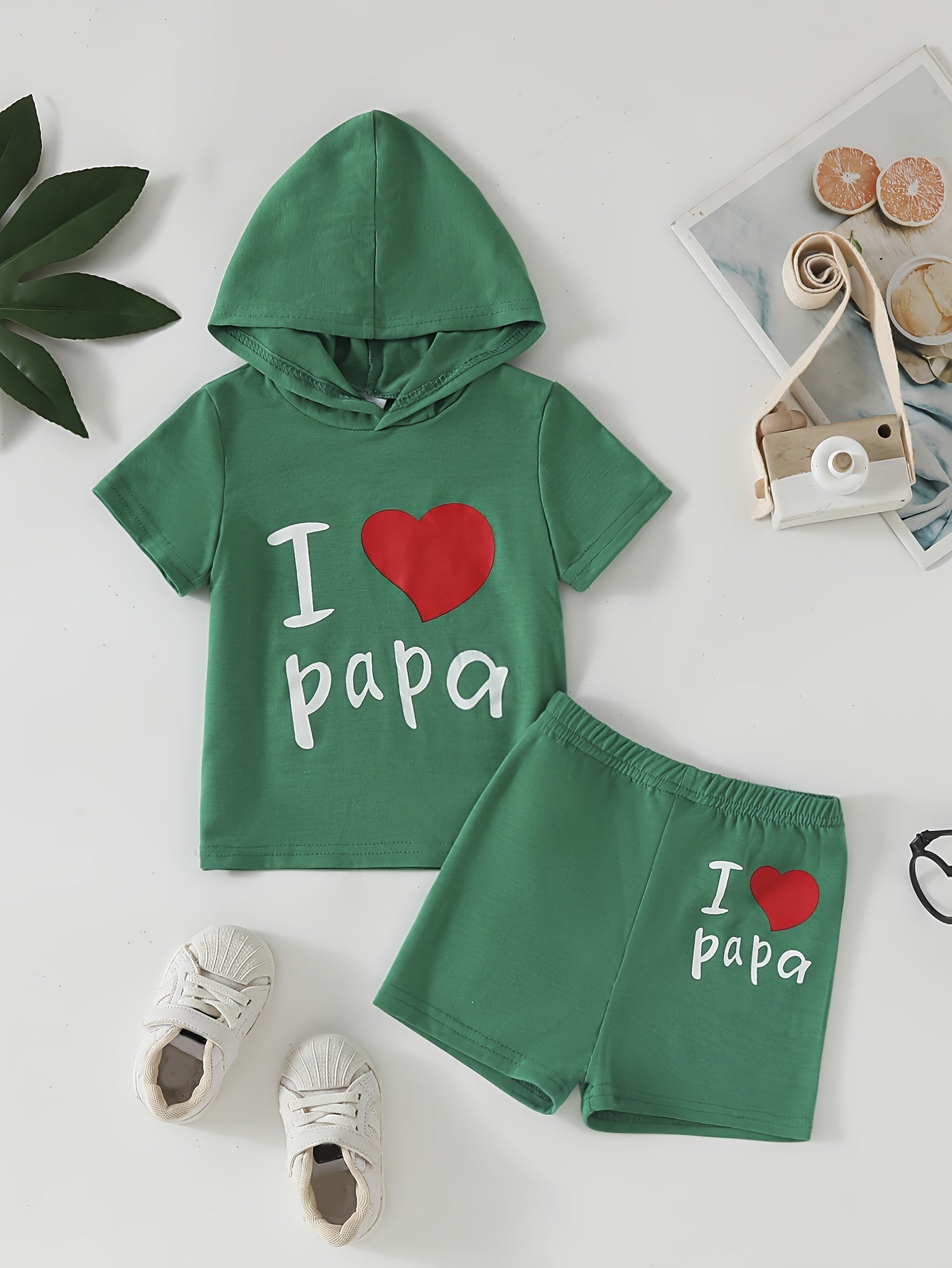 👶 “I Love Papa” 2-Piece Summer Set for Baby Boys – Hooded T-Shirt & Shorts Combo 🌞