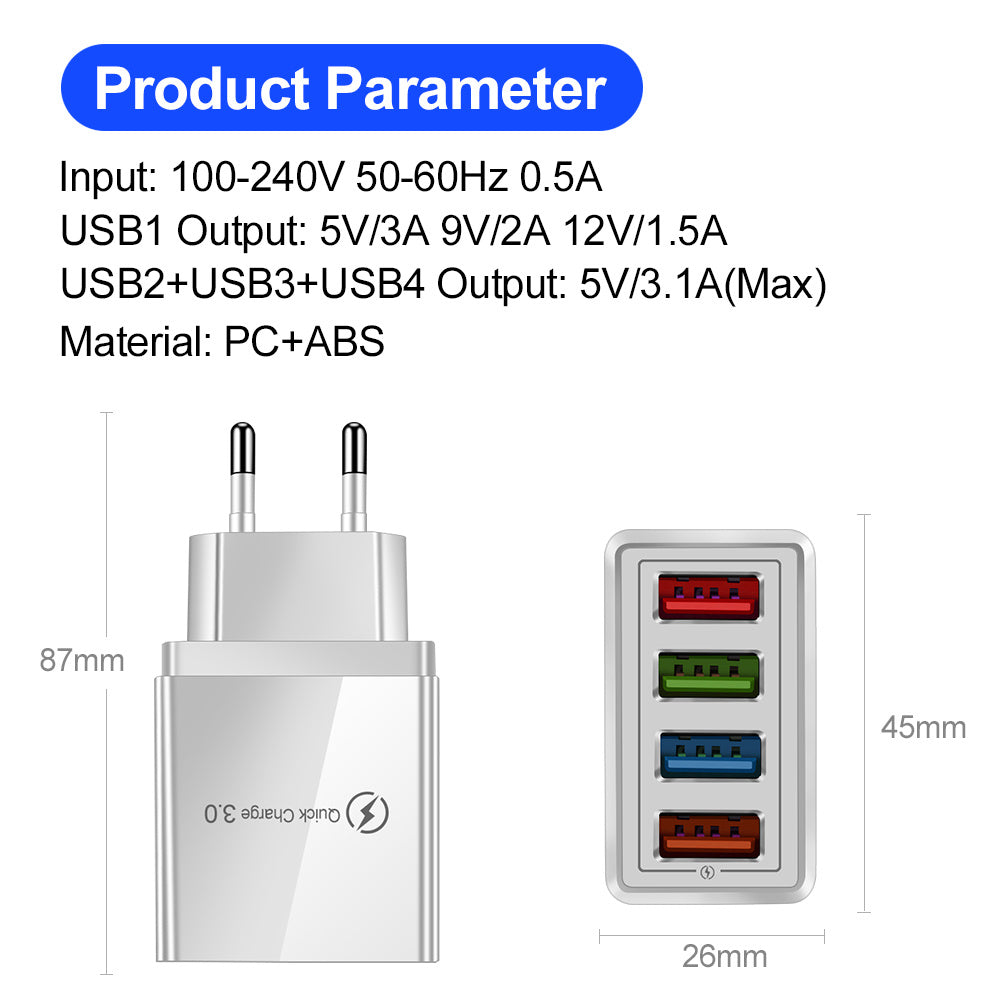 Swift Charge 4-Port USB Wall Charger: Quick Charge 3.0 Adapter