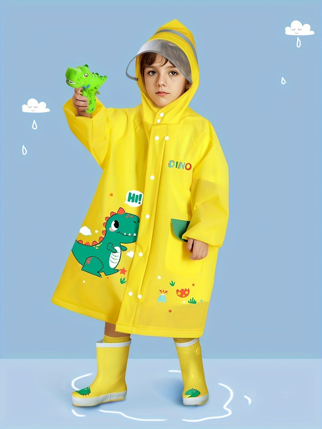 🦕 Boys & Girls Casual Cartoon Dinosaur Print Waterproof Hooded Raincoat 🌧️