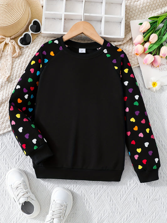 💖 Tween Girls' Stylish & Casual Long Sleeve Colorful Hearts Pattern Sweatshirt – Perfect for Spring & Fall 🍂