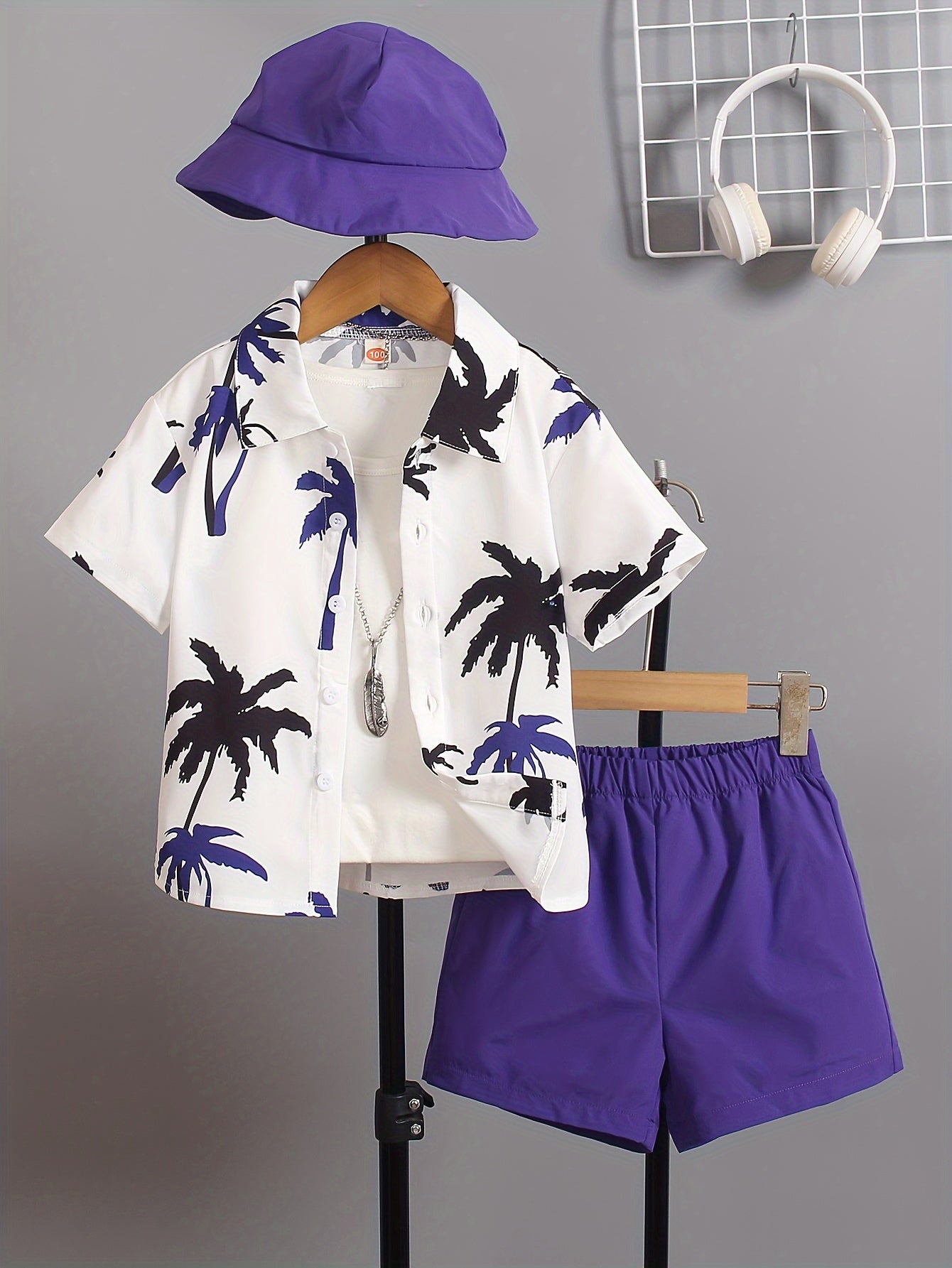 🌴 Boys' 3-Piece Coconut Tree Graphic Print Set – Shirt, Shorts & Hat for a Cool Summer Look 👕