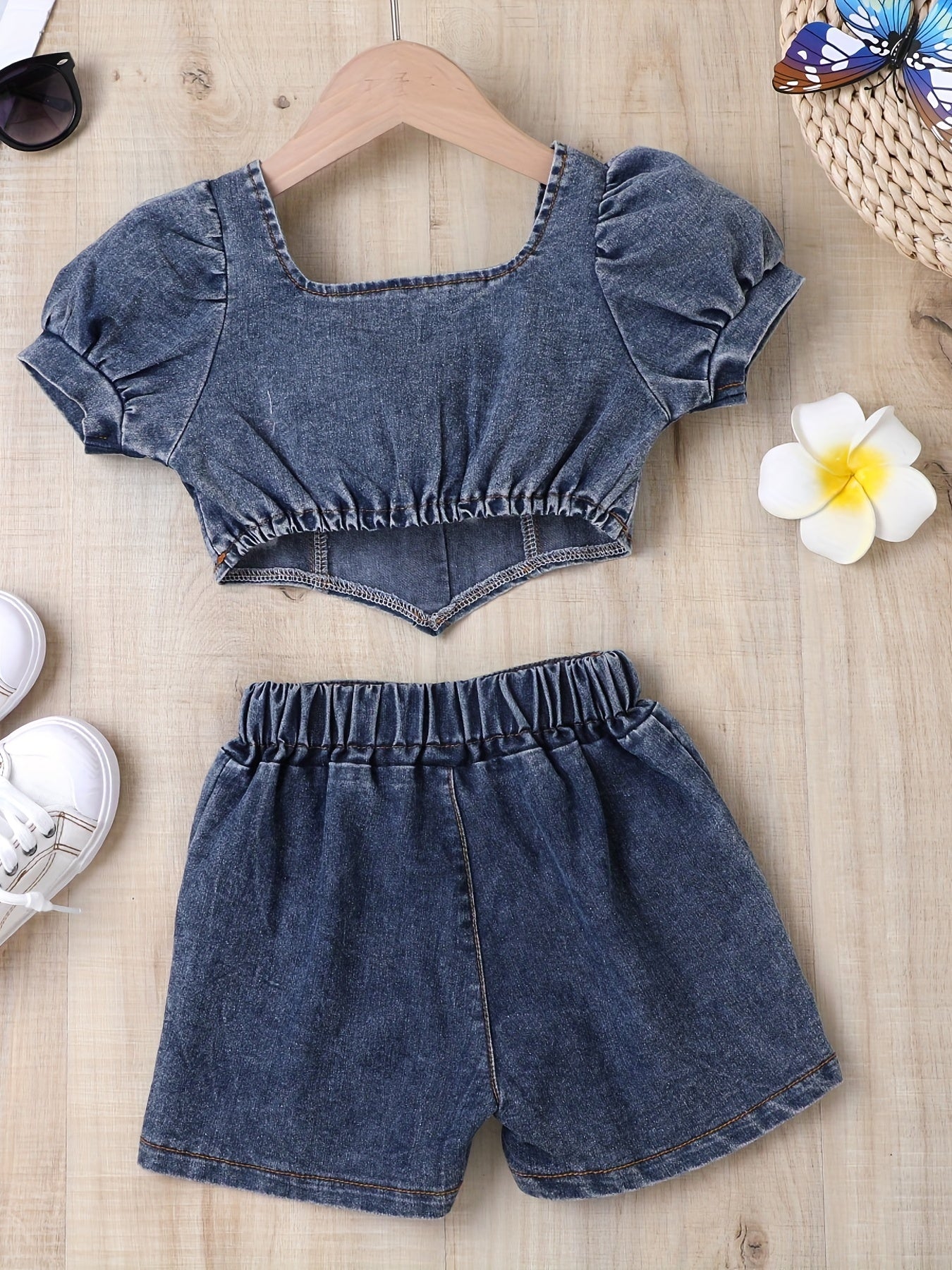 🌟 Girls' Y2K Denim Cropped Top & Shorts Set 🌟