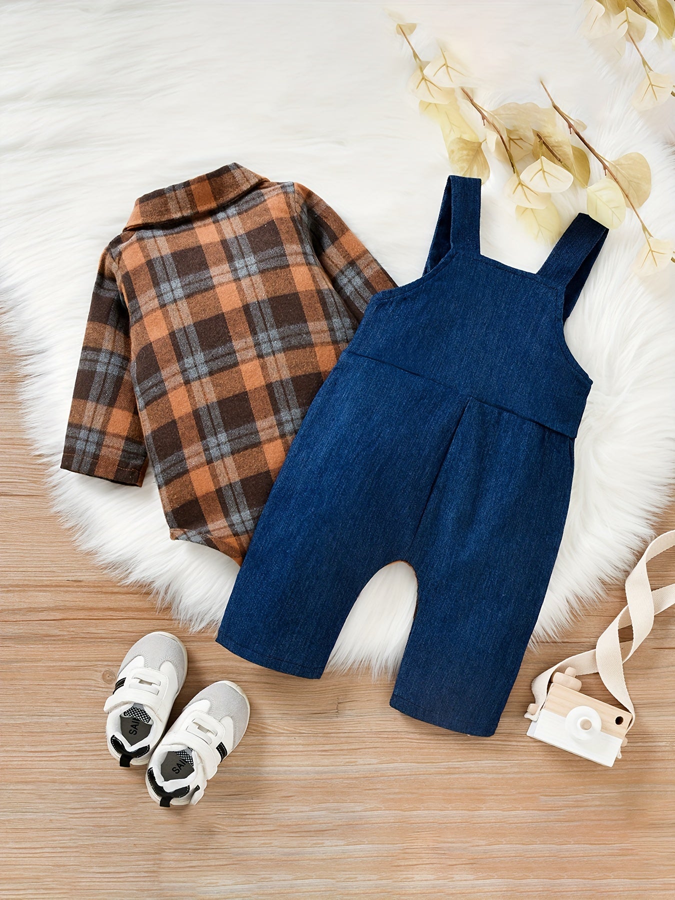 👶 Baby Boy Cute Outfits - Long Sleeve Plaid Bodysuit Romper & Overalls Jumpsuit Set (0-18 Months)