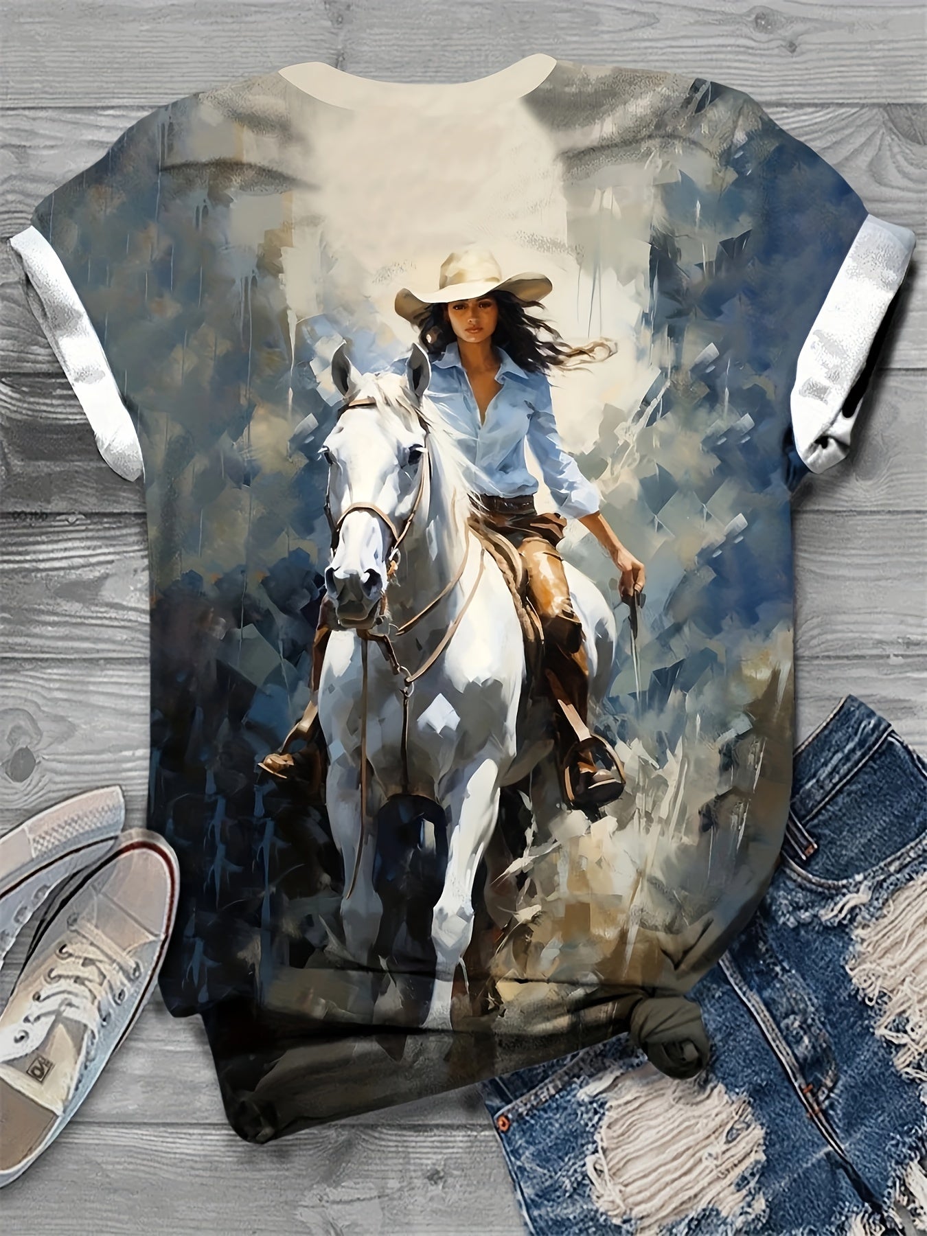 Cowgirl Print Crew Neck T-Shirt