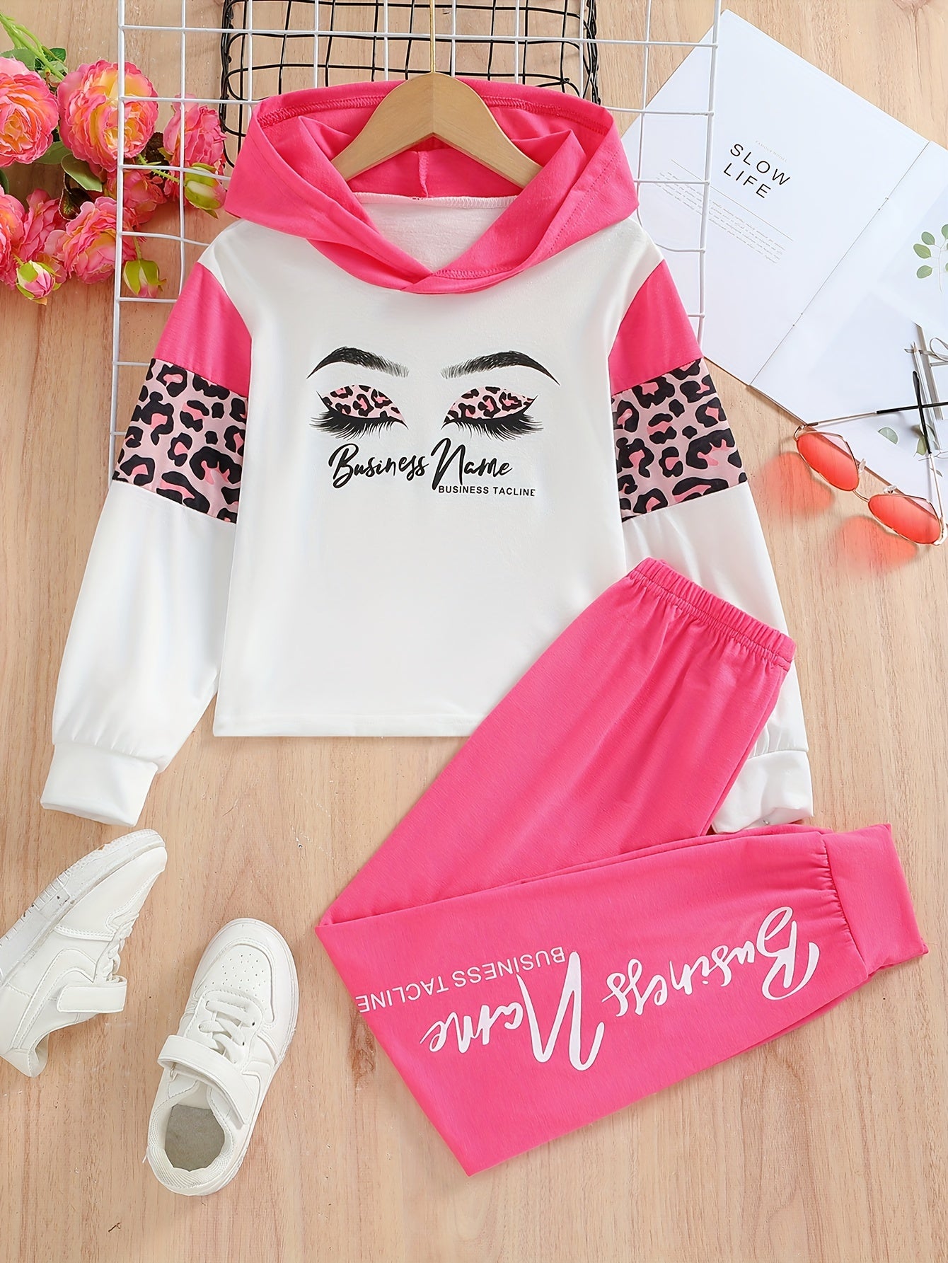 🐆 Girls' Eyelashes & Leopard Print Hoodie with Letter Print Trousers – 2-Piece Kids' Outfit 🌟