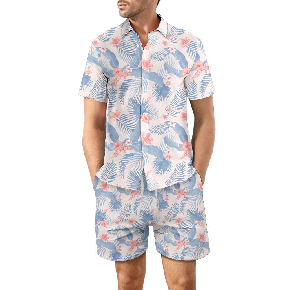 Surf Style Printed Beach Shirt Summer Suit: Loose Button Top and Drawstring Shorts Set