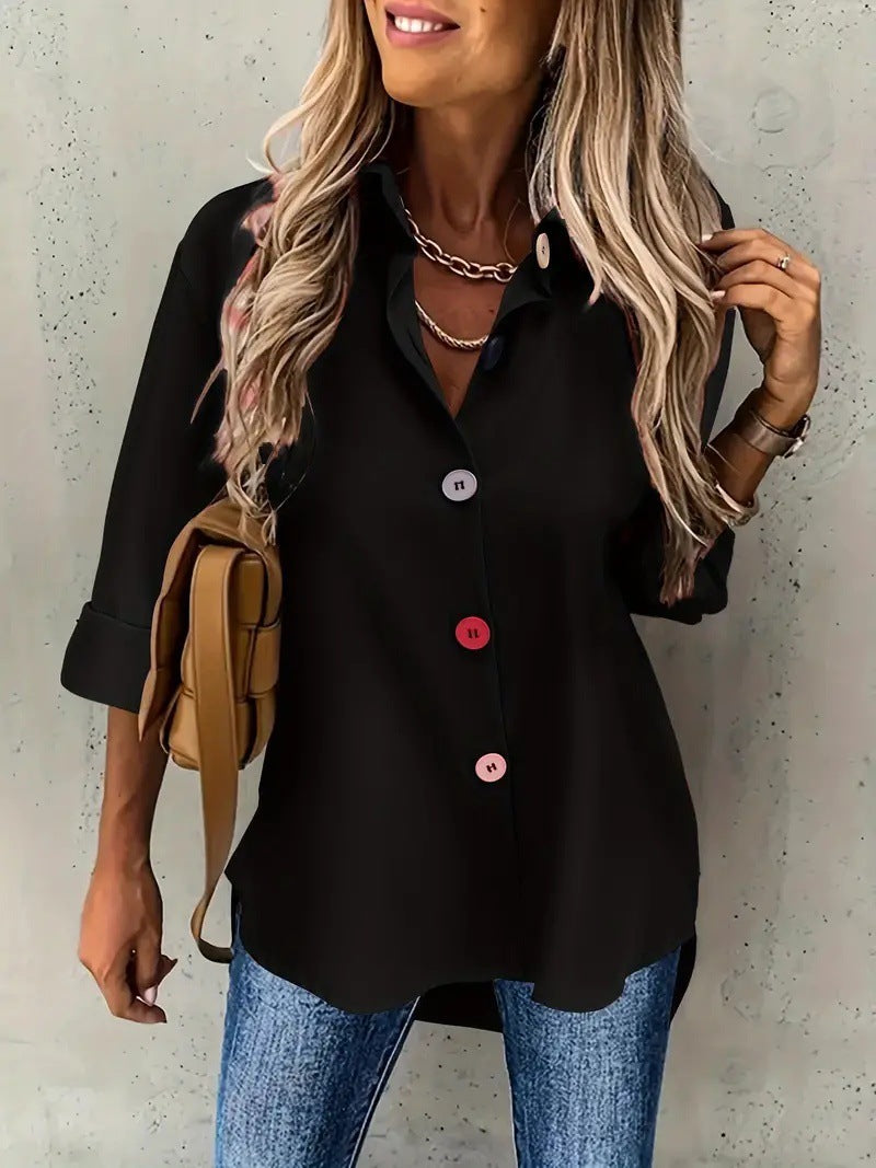 Casual Women's Solid Color Buttons Long Sleeve Shirt Top