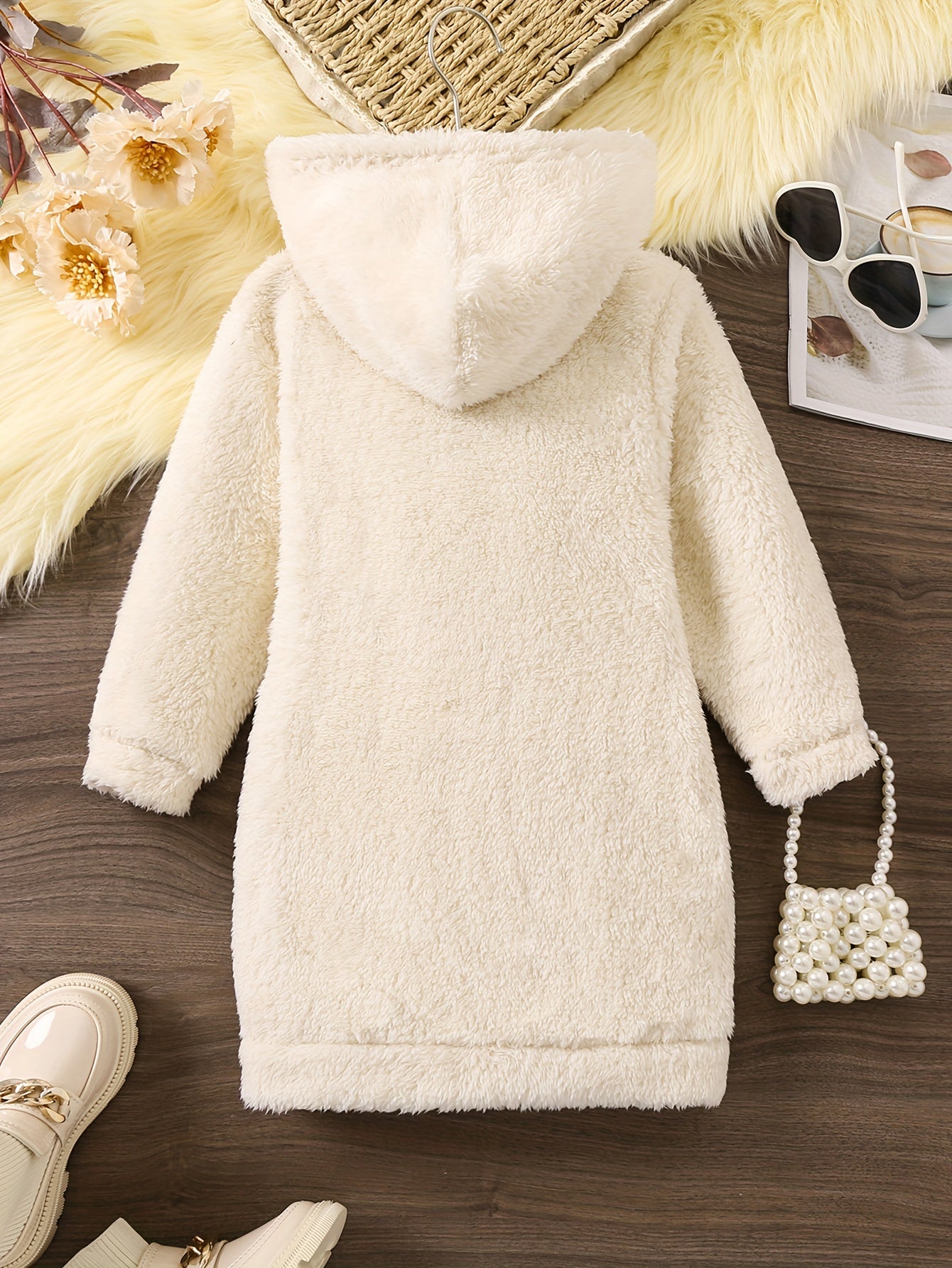 👗 Girls' Reversible Fleece Hooded Long Sleeve Dress with Letter Embroidery 👗