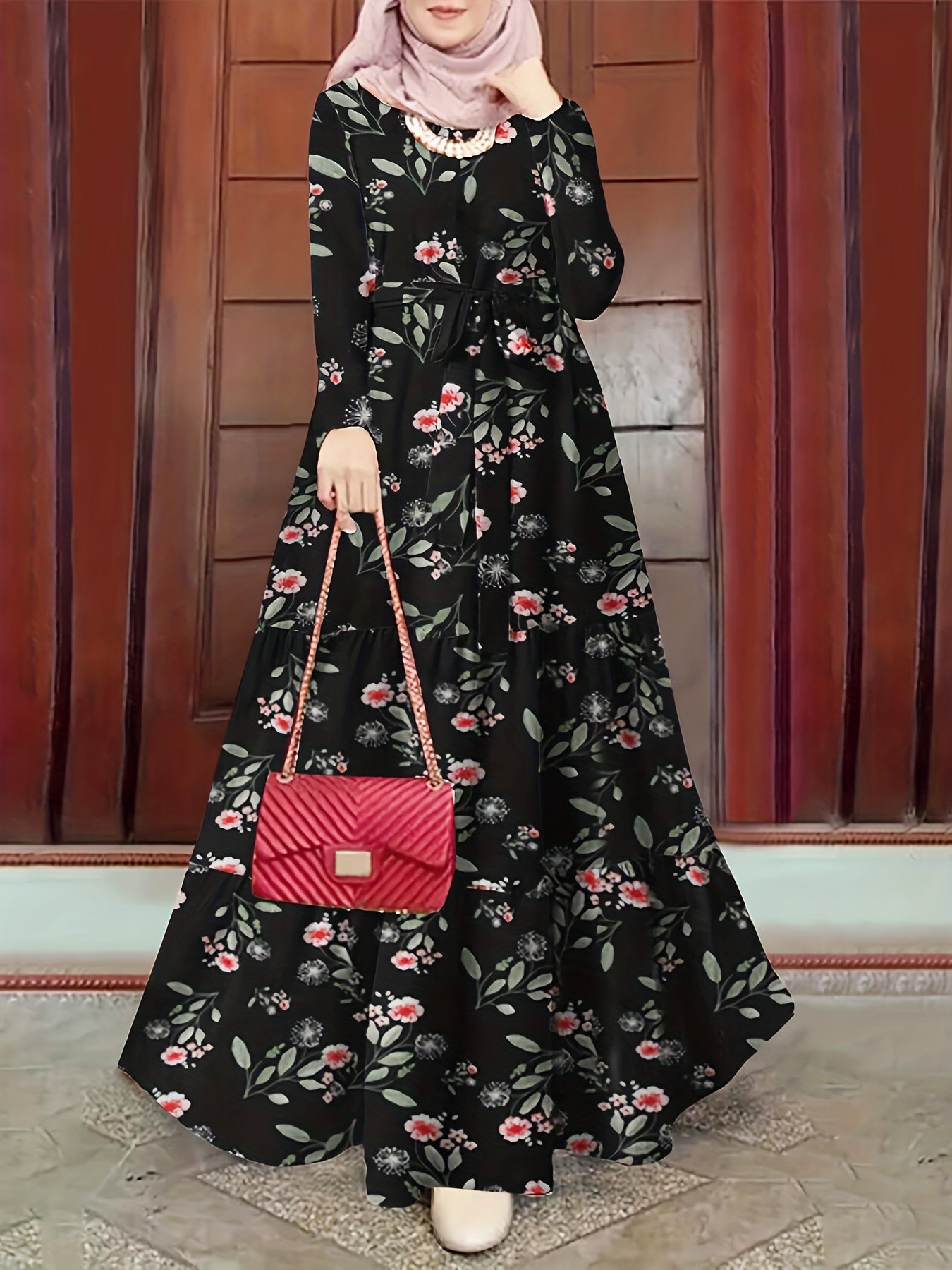 Floral Print Long Sleeve Kaftan Dress