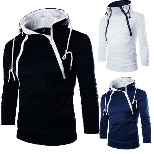 Men's Zipper Hooded Pullover Sweatshirt - High Neck Style