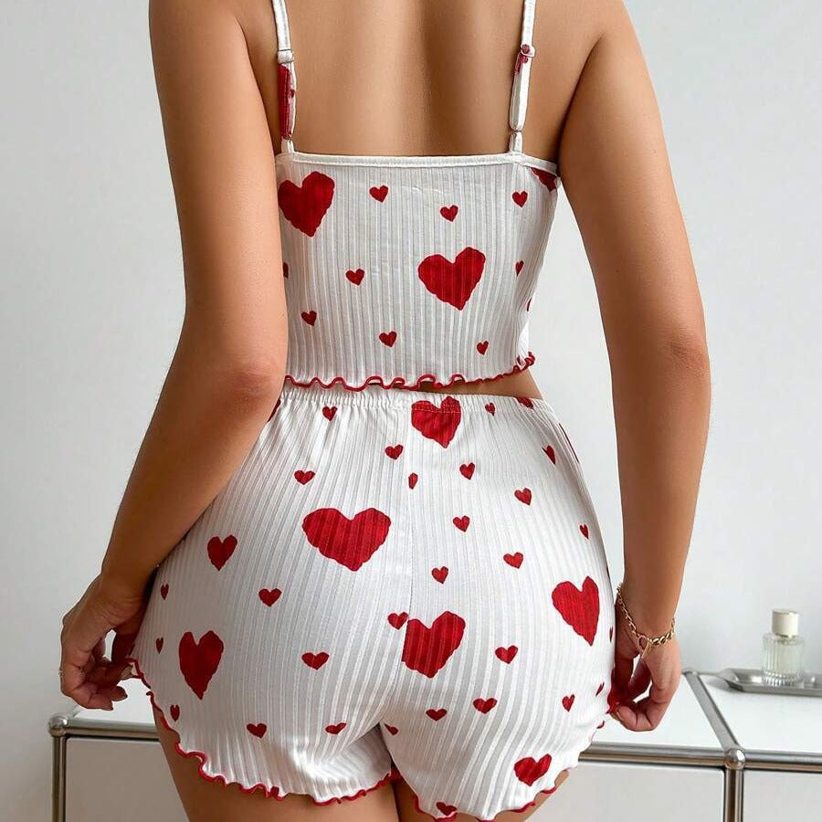 Heart Printing Suspender Shorts Casual Sunken Stripe Outerwear European And American Style Women Pajamas