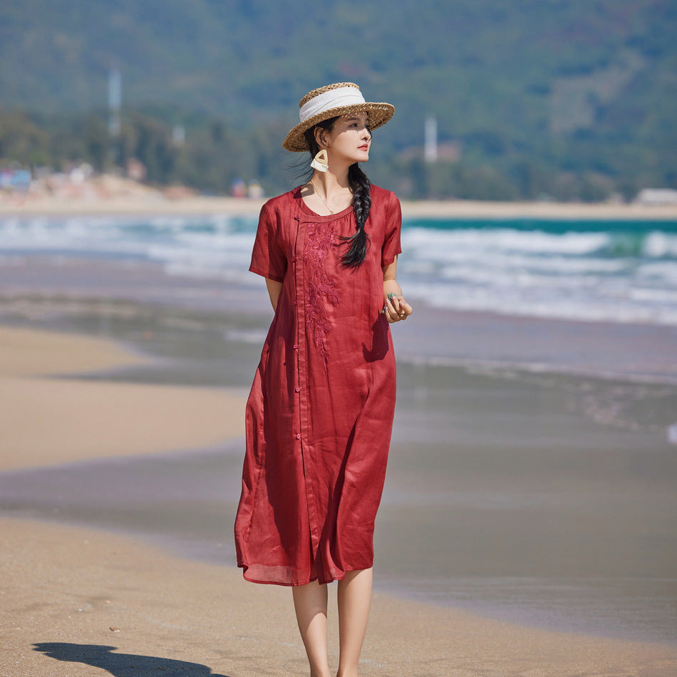 Ramie Embroidered Crew Neck Short Sleeve Cardigan Dress