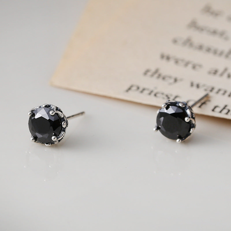 Sterling Silver Round Black Zircon Stud Earrings