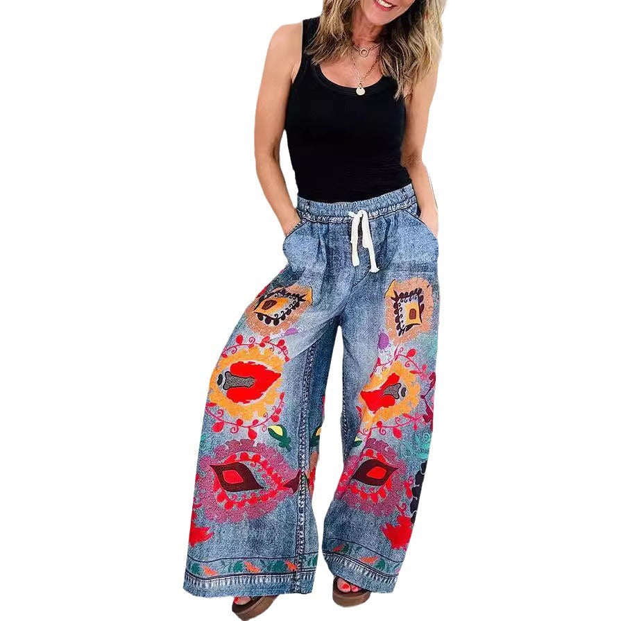 Women's Lace-up Denim Print Pocket Baggy Pants