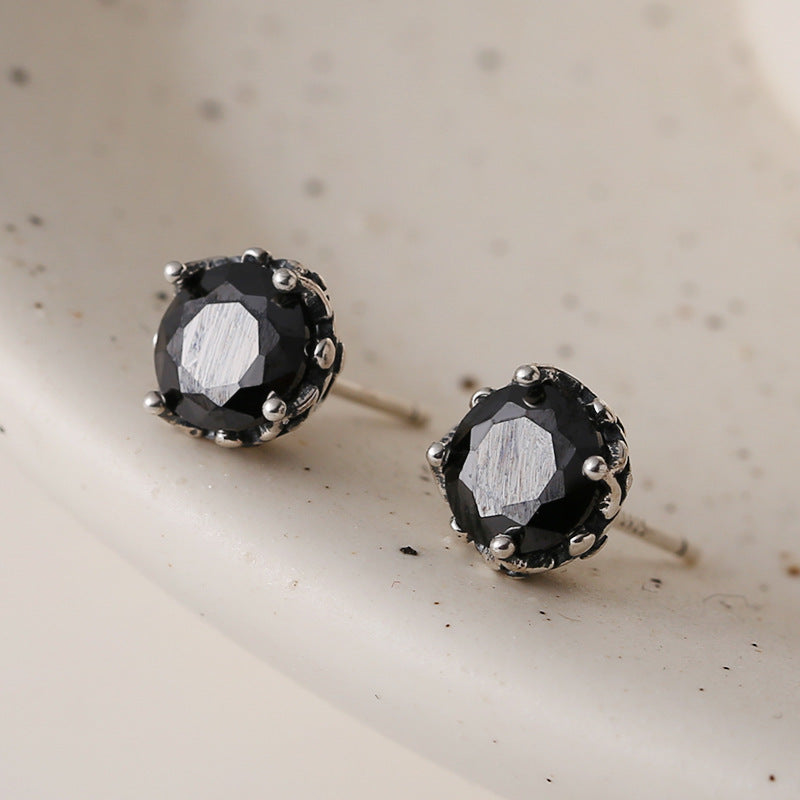 Sterling Silver Round Black Zircon Stud Earrings