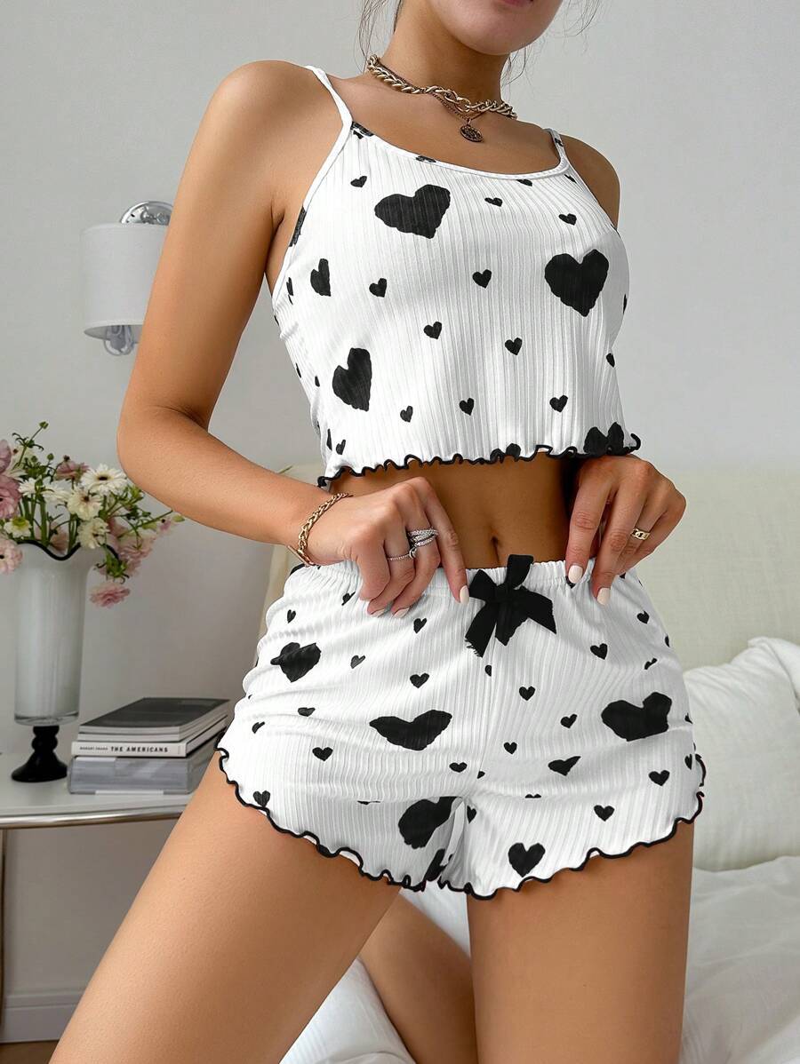 Heart Printing Suspender Shorts Casual Sunken Stripe Outerwear European And American Style Women Pajamas