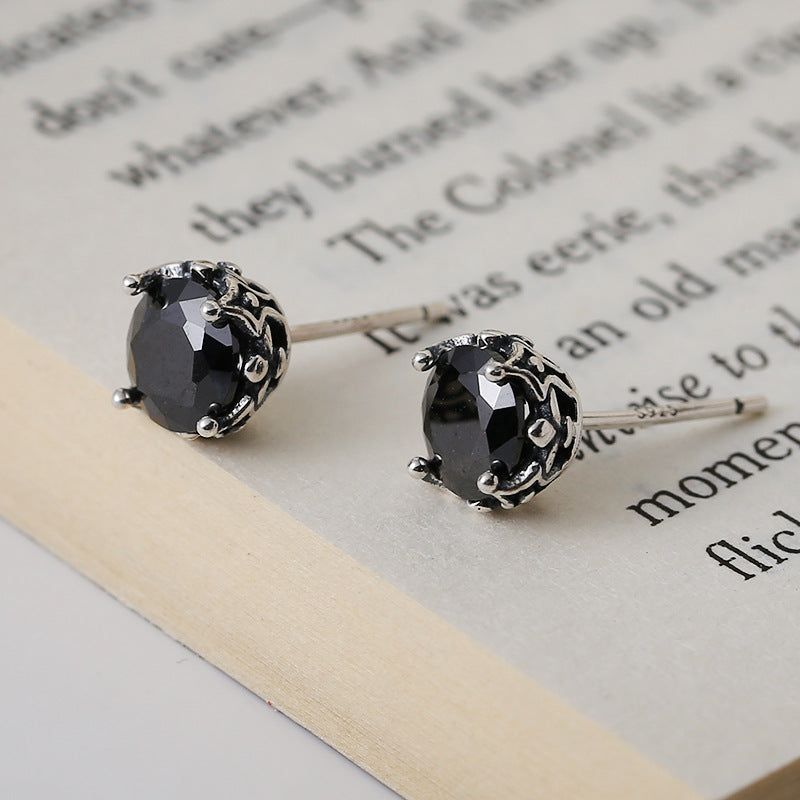 Sterling Silver Round Black Zircon Stud Earrings