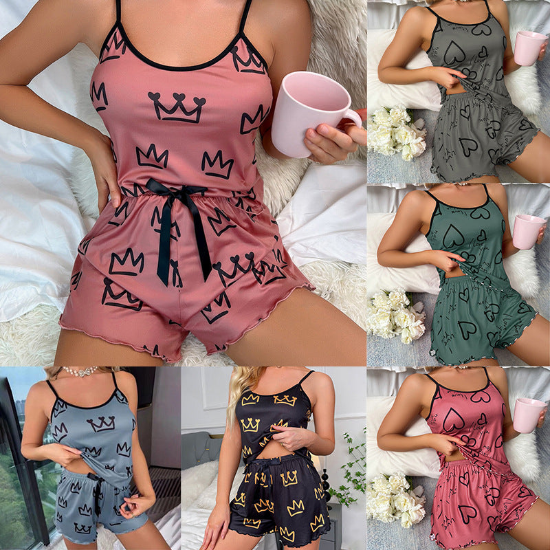 European And American Fashion Sexy Suspender Shorts Home Wear Contrast Color Pajamas Two-piece Set