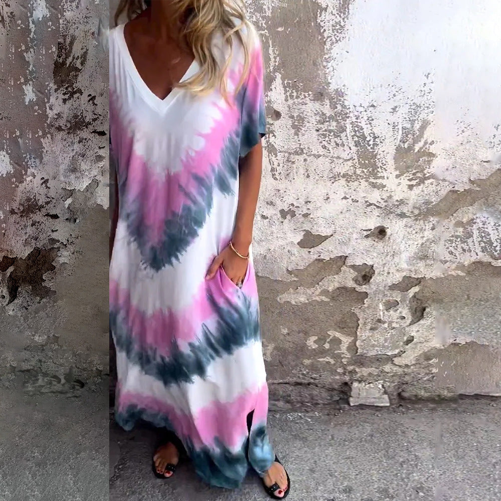 Women's Clothing Casual Loose Short Sleeves Tie-dye Dress