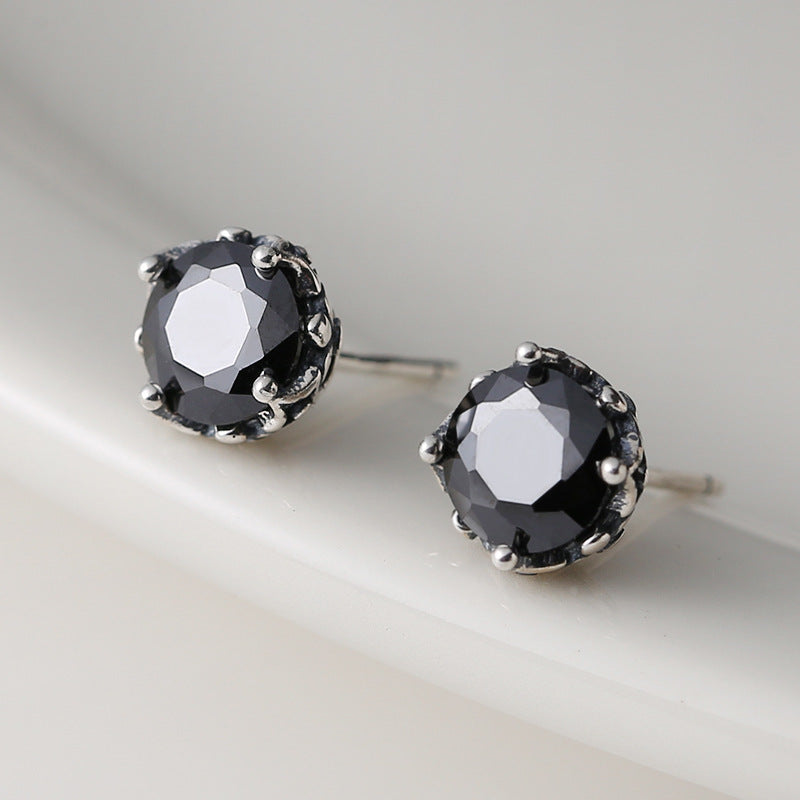 Sterling Silver Round Black Zircon Stud Earrings