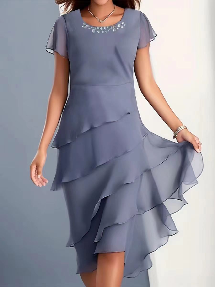 Chiffon Patchwork Round Neck Short Sleeve Dress Women