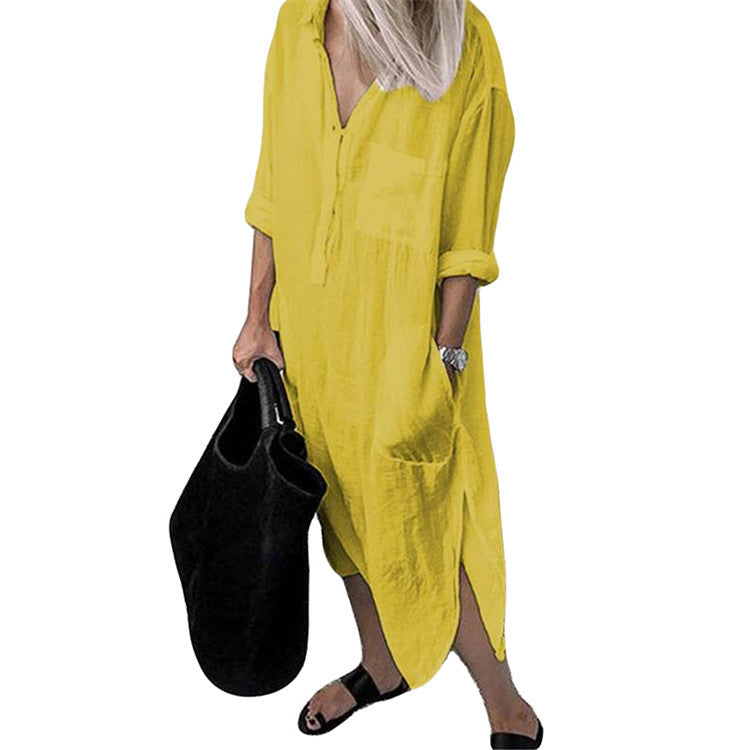 Solid Color Slit Simple Clinch Long Shirt Dress Women