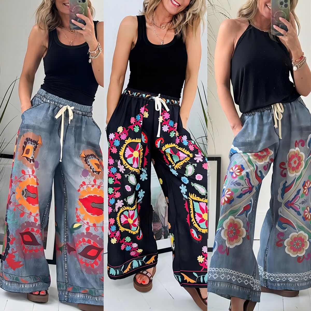 Women's Lace-up Denim Print Pocket Baggy Pants