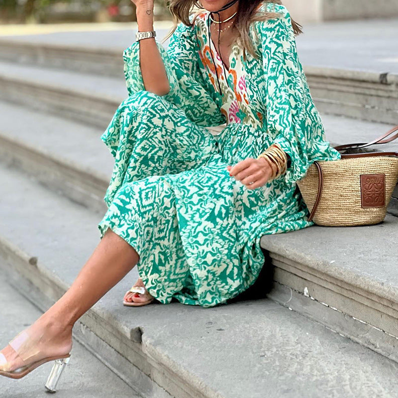 V-neck Long Sleeve Mid-length Printed Dress