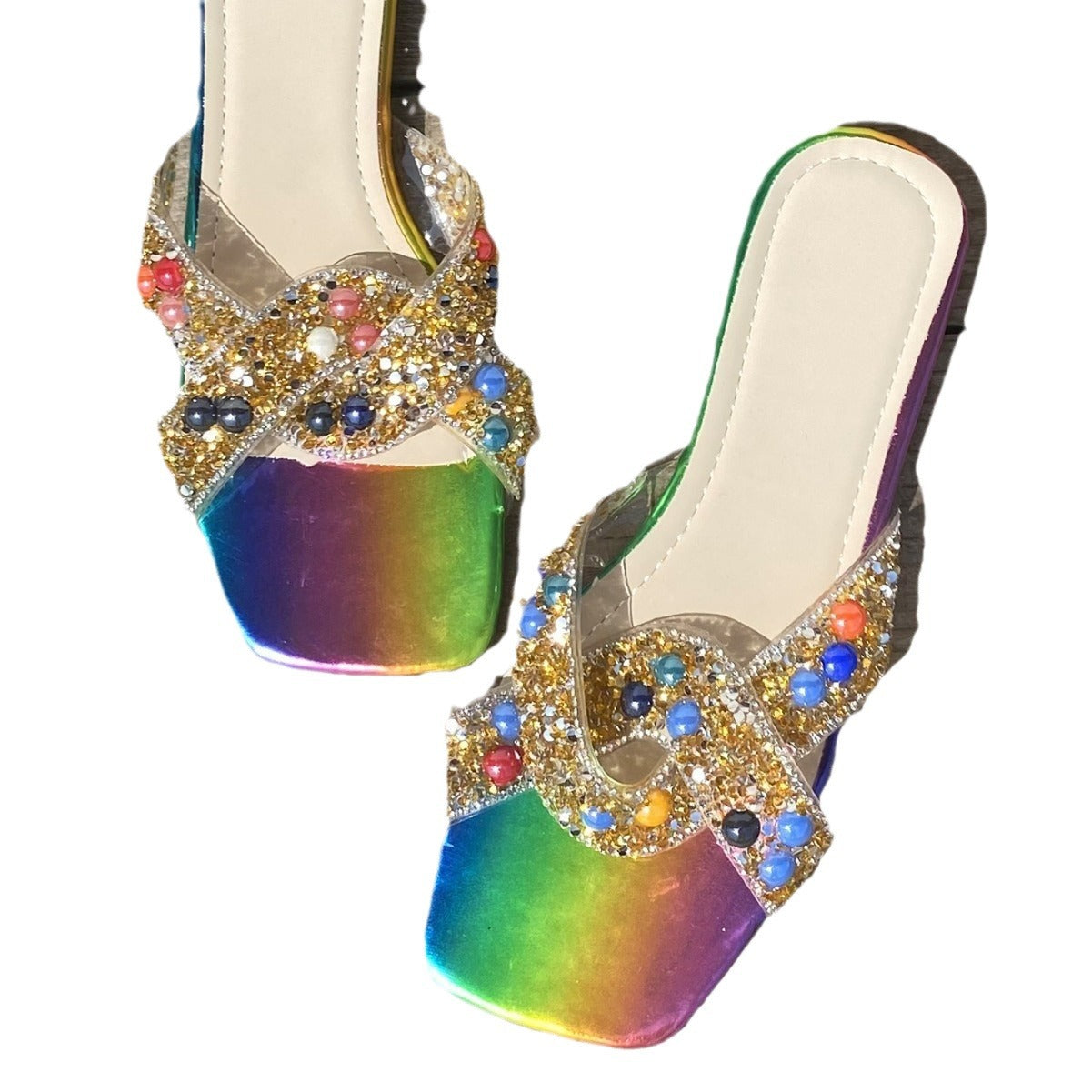 Colorful Flat Slippers Gorgeous Pearl Design Sandals