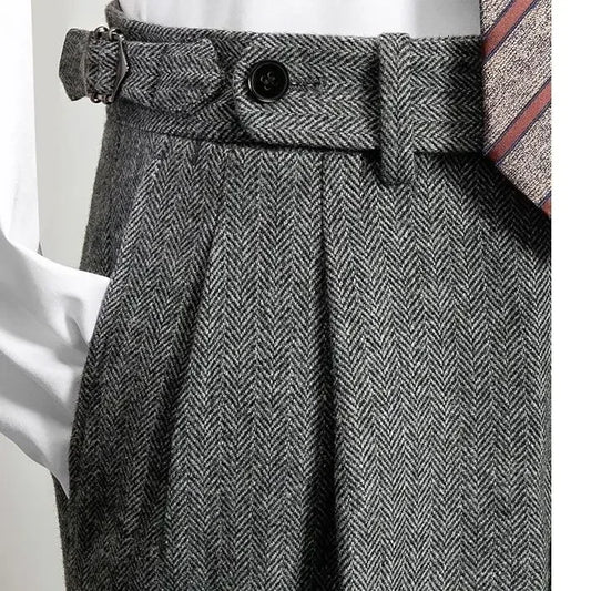 Men’s High Waist Wool Trousers 🧥 Casual Tweed Pants with Pockets