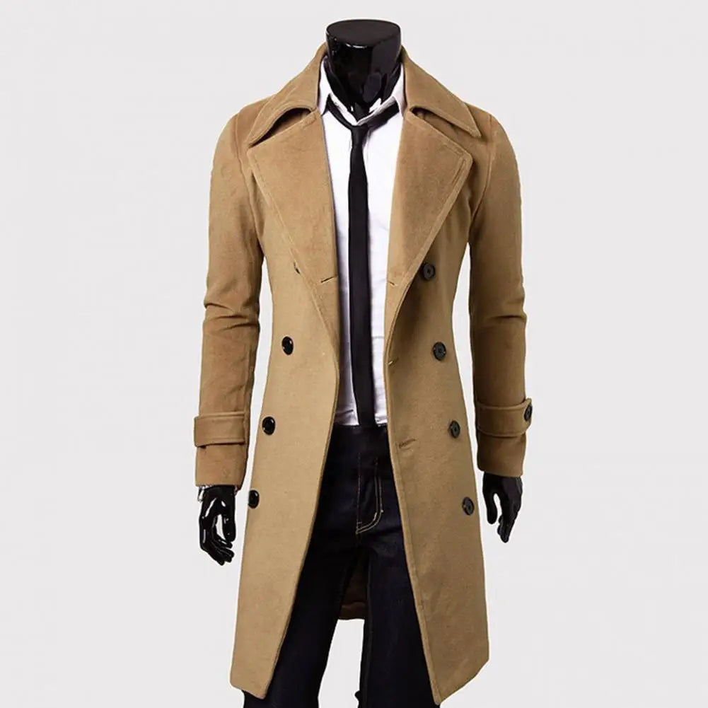 Men's Classic Double-Breasted Trench Coat - Coldproof, Solid Color