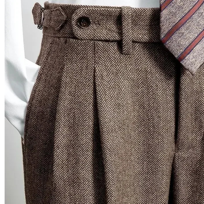 Men’s High Waist Wool Trousers 🧥 Casual Tweed Pants with Pockets