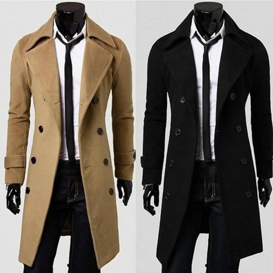 Men's Classic Double-Breasted Trench Coat - Coldproof, Solid Color