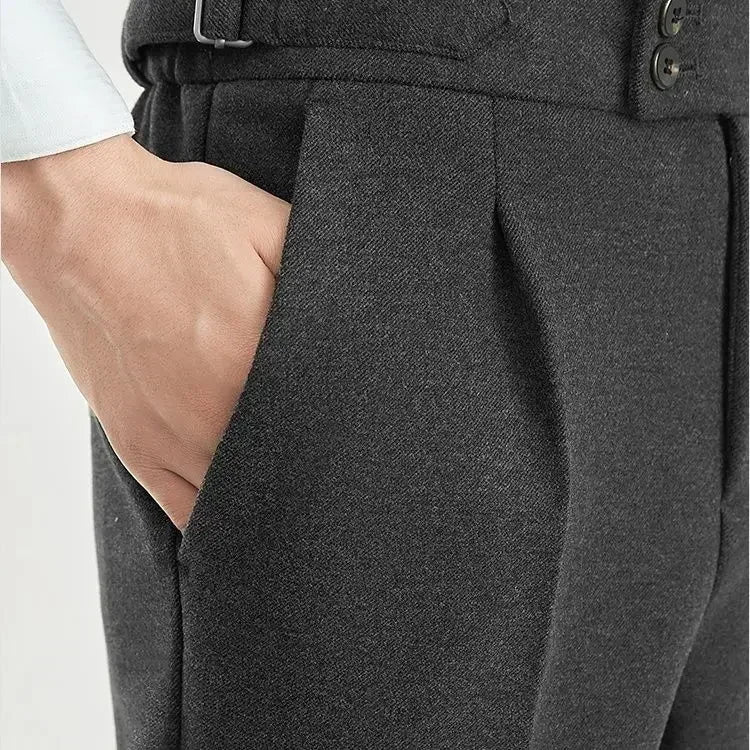 Men’s High Waist Wool Trousers 🧥 Casual Tweed Pants with Pockets