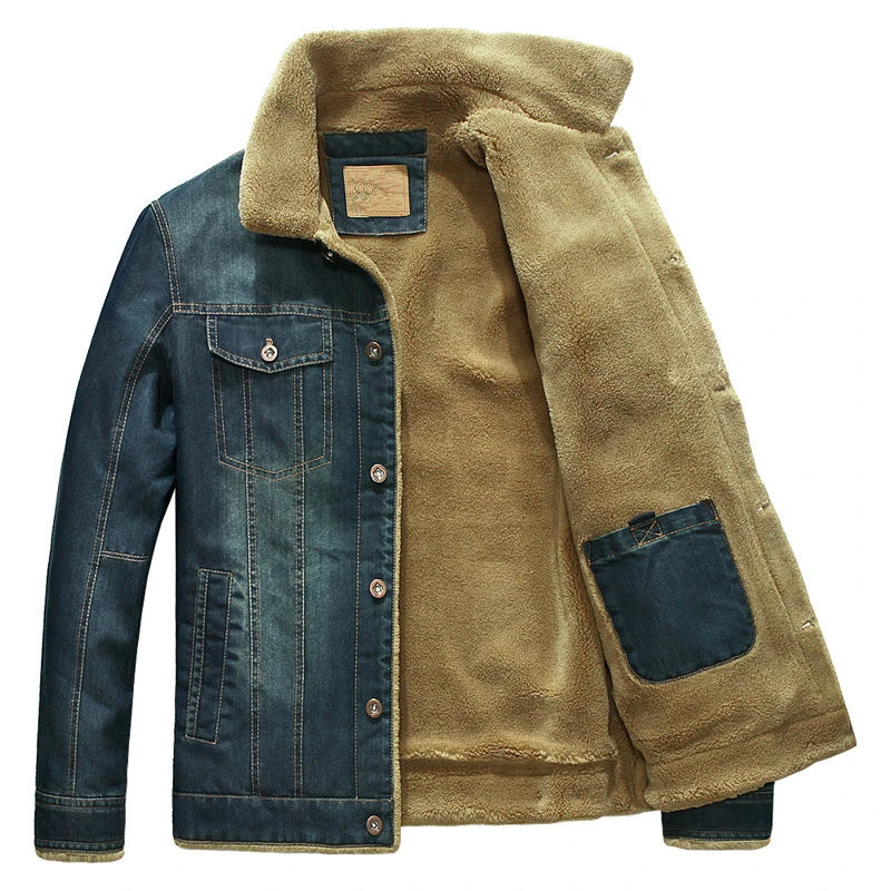 Men's Winter Fleece-Lined Denim Windbreaker Jacket