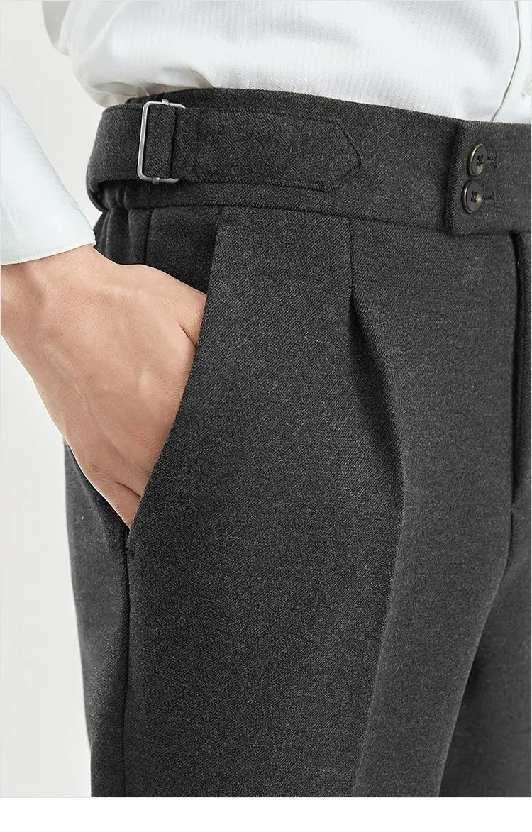 Men’s High Waist Wool Trousers 🧥 Casual Tweed Pants with Pockets