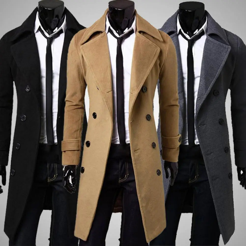 Men's Classic Double-Breasted Trench Coat - Coldproof, Solid Color