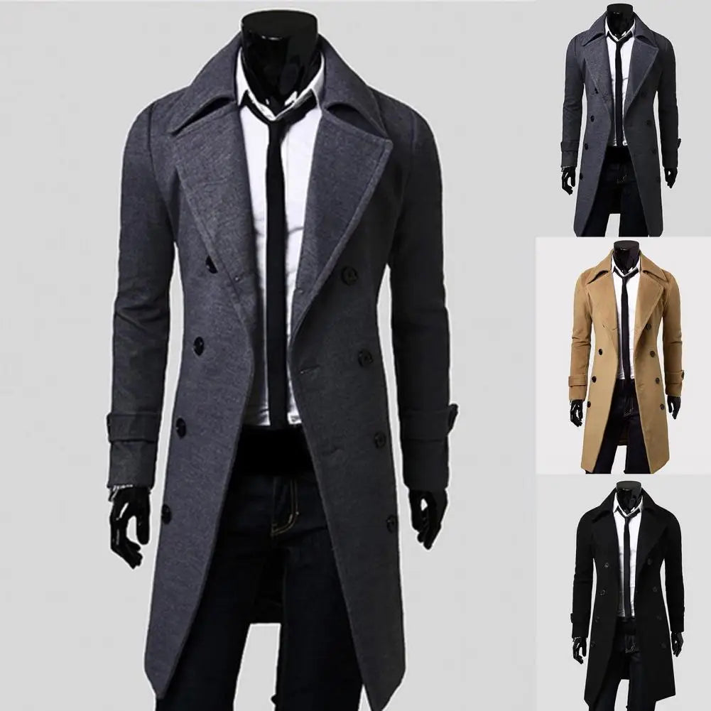 Men's Classic Double-Breasted Trench Coat - Coldproof, Solid Color