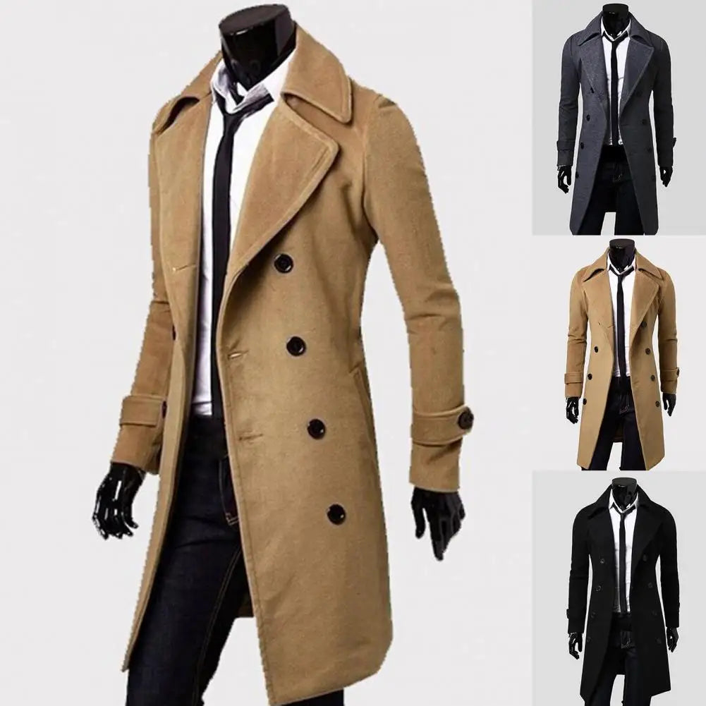 Men's Classic Double-Breasted Trench Coat - Coldproof, Solid Color