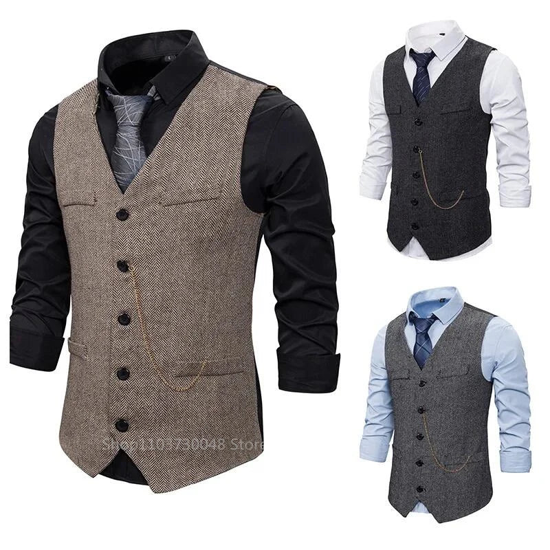 Slim Fit Herringbone Dress Vest for Men 🎩 Casual Sleeveless Waistcoat