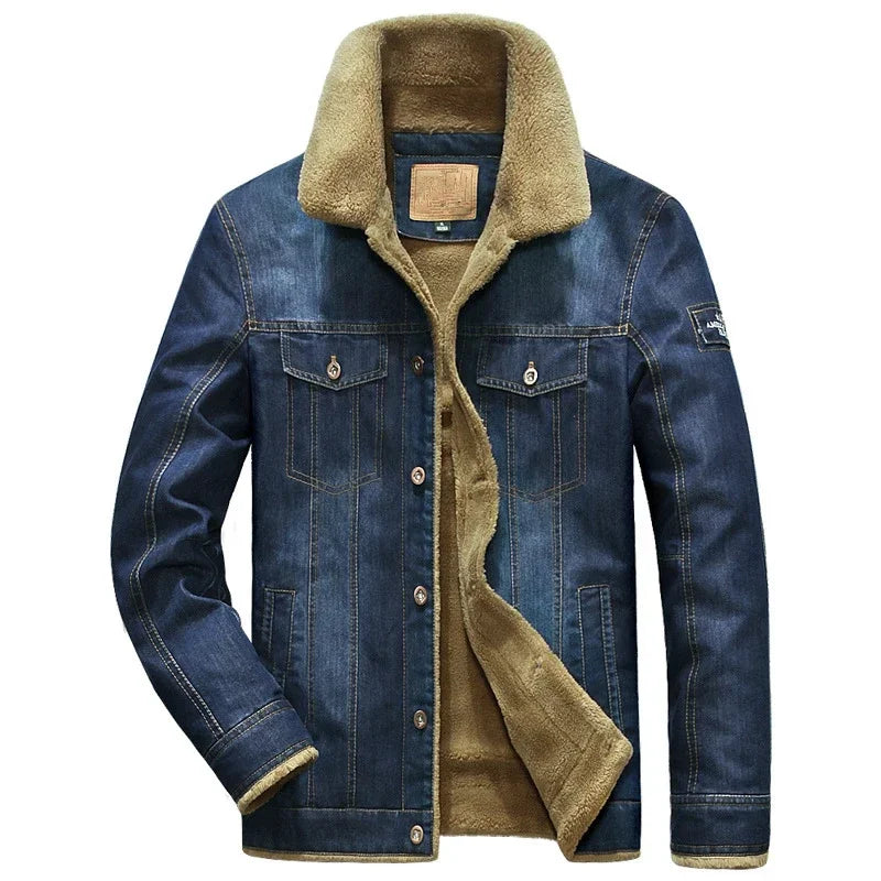 Men's Winter Fleece-Lined Denim Windbreaker Jacket