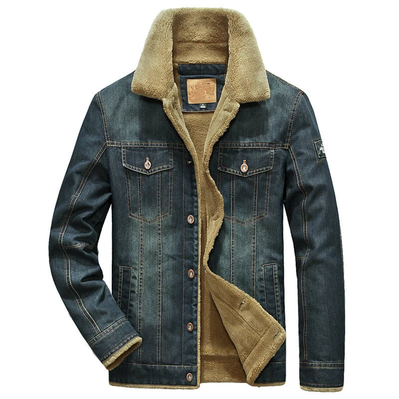 Men's Winter Fleece-Lined Denim Windbreaker Jacket