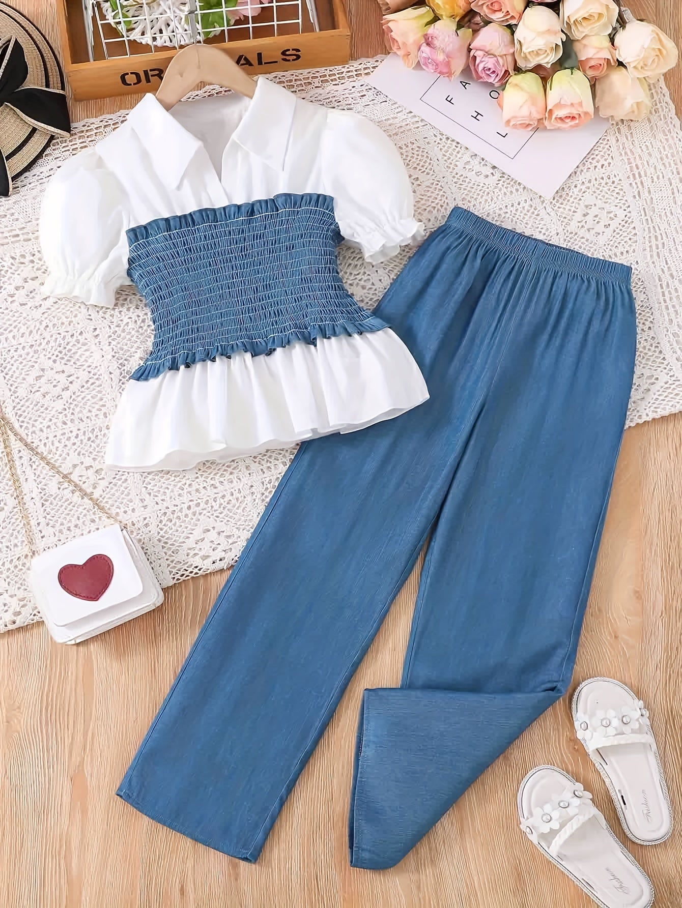 🌸 Girls' Stylish & Casual 2-Piece Outfit – Puff Sleeve Peplum Top & Wide-Leg Pants 👗