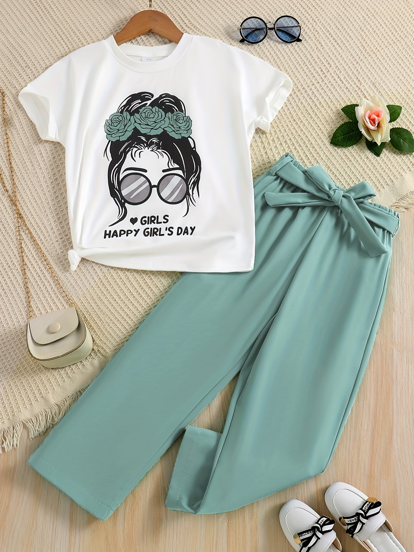 🌸 Cute 2-Piece Girls' Outfit – Short Sleeve Pullover & Solid Pants with Bow Belt 🌟