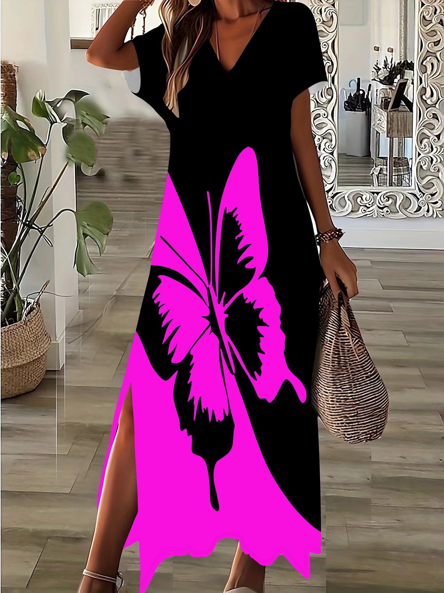 🦋 Butterfly Print Color Block Split Hem Dress