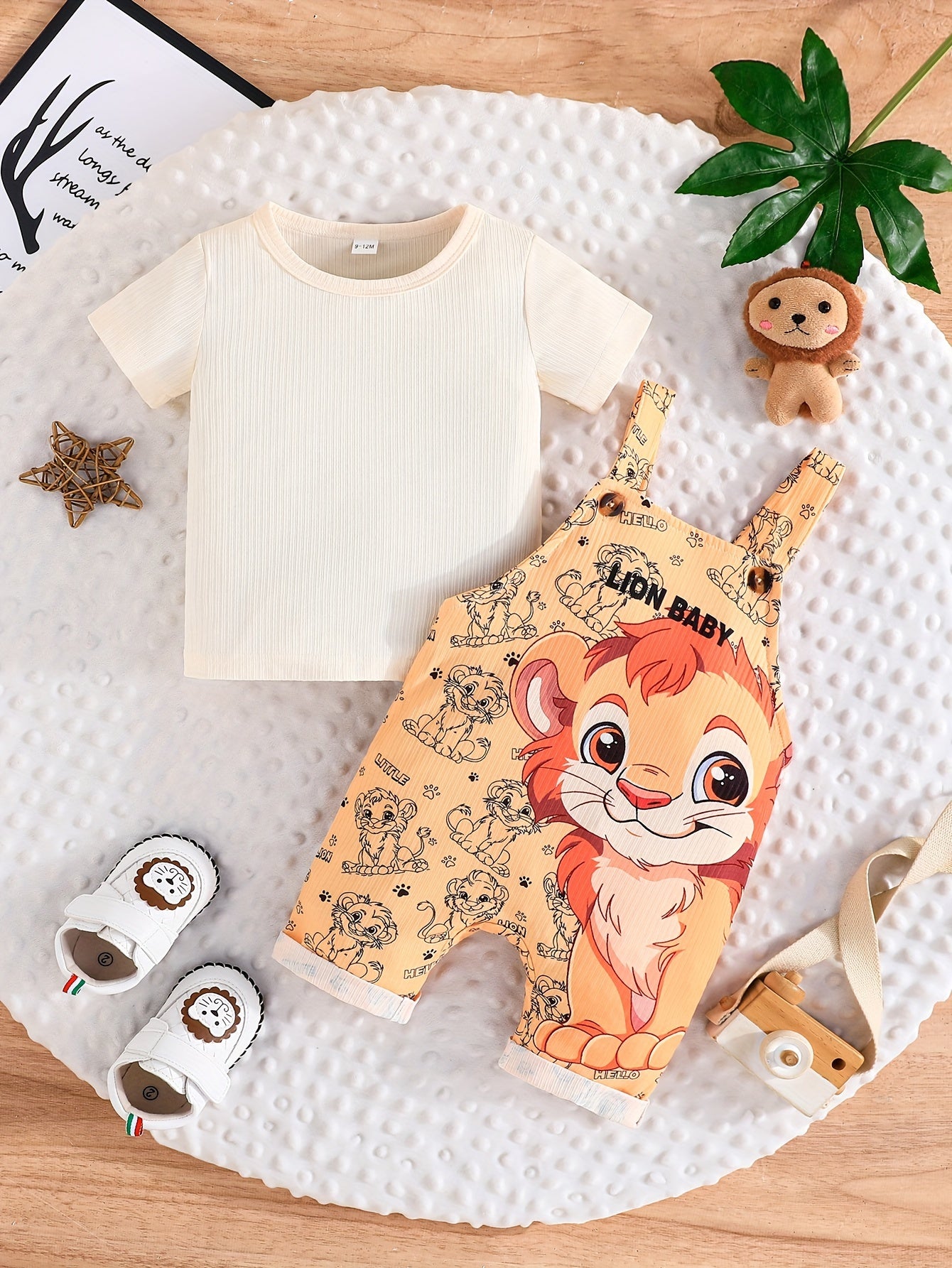 🦁 Baby's Cartoon Lion Print 2-Piece Summer Outfit – T-Shirt & Jumpsuit Set 👶