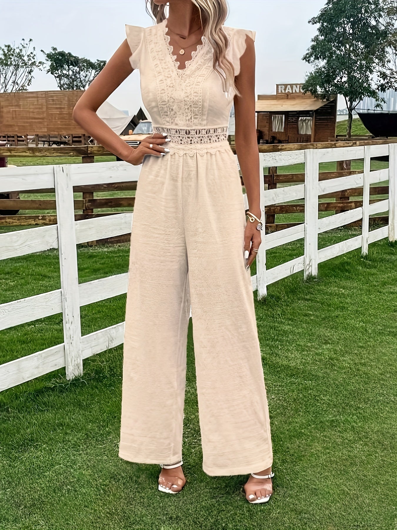 Lace Solid Wide Leg Jumpsuit